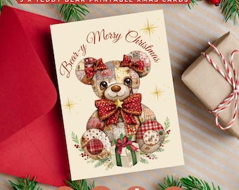 Teddy Bear PDFs Patchwork Christmas Card Bundle Vintage Holiday (PDF Printable) Christmas Teddy Bear Printable Patchwork Bear PNG DIY Card