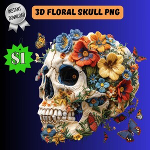Peut inclure: Un crâne blanc avec un motif floral 3D. Le crâne est recouvert de fleurs colorées, notamment rouges, jaunes, bleues et vertes. Les fleurs sont disposées de manière réaliste et le crâne semble être fait d'os. L'arrière-plan est d'un bleu uni.