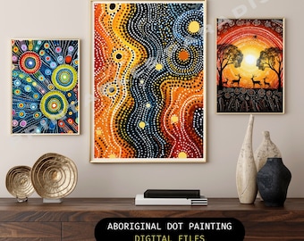 Imágenes prediseñadas de pintura de puntos aborígenes y patrones sin costuras (descarga digital)