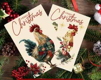 Christmas Chicken PDF Card Bundle 10 Patchwork Christmas Chickens, Roosters and Goose Cards Printable Holiday Cards Vintage Christmas Cards