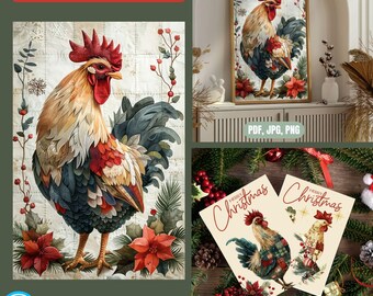 Patchwork Christmas Clipart & Wall Art Bundle | 40 PNG JPG PDF Files | Quilted Santa, Rudolph, Rustic Farm Animals Printables Xmas Chickens
