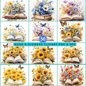Paquete de flores de libro de acuarela Libro abierto de acuarela con paquete de flores - 50 archivos digitales PNG & JPEG Libro Flores Clipart Floral Libro Amantes