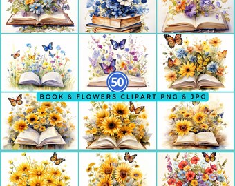 Watercolor Book Flowers Clipart: Floral Book Bundle (50 Digital Files)