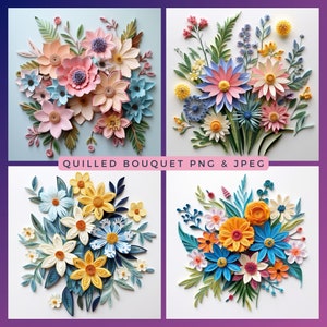 Clipart de buquê floral acolchoado 16 Flores acolchoadas PNG Motivos de flores PNG Flores de papel JPG Ai Quilling Bouquet Clipart Download instantâneo