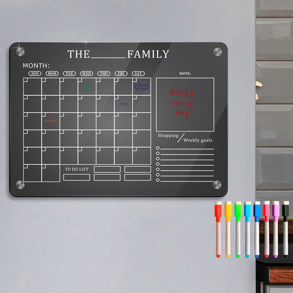 Acrylic Fridge Calendar | Personalized Family Planner | Monthly Weekly Calendar | Dry Erase Board Decor | Black Magnetic 2024 Command Center