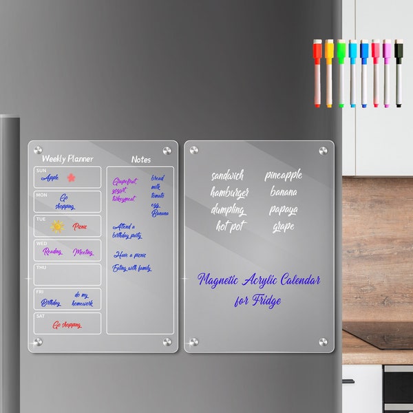 Calendrier magnétique en acrylique effaçable à sec pour réfrigérateur, agenda hebdomadaire transparent et tableau blanc pour réfrigérateur avec 8 marqueurs