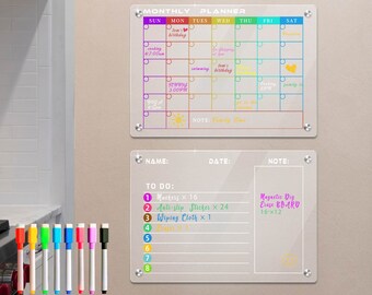 Magnetisch acryl droog uitwisbaar bord en kalender voor koelkast, 2 stuks transparant maandplan en herbruikbare planner met kleur droog uitwisbare pennen