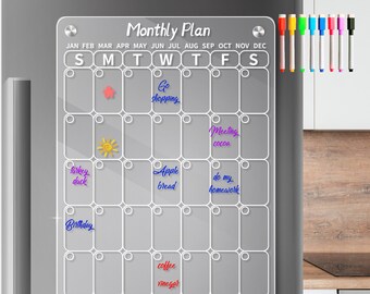 Acrylic Calendar for Fridge, Monthly Clear Magnetic Dry Erase Board for Refrigerator, Stronger-Magnetic Reusable Planner, Includes Markers