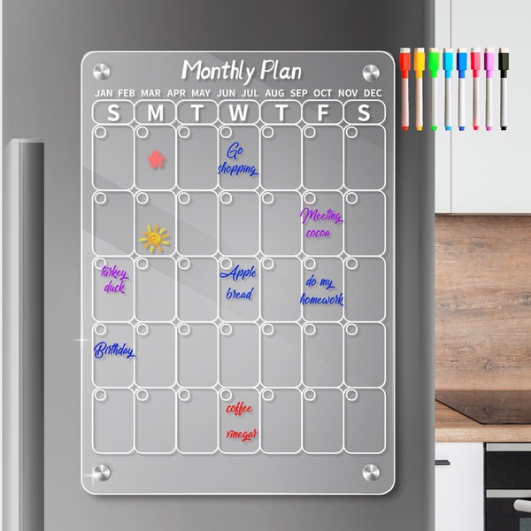 Calendrier en acrylique pour réfrigérateur, tableau magnétique effaçable à sec mensuel transparent pour réfrigérateur, agenda magnétique réutilisable plus résistant, marqueurs inclus