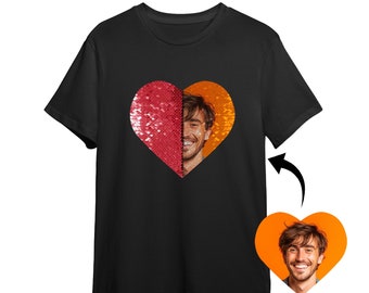 Camisa Flip Sequin Match, camisa de lentejuelas en forma de corazón con foto personalizada, camiseta de lentejuelas reversible unisex diy personalizada, regalo del Día de las Madres para ella