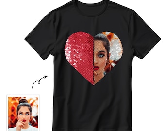 Camisa Flip Sequin Match, camisa de lentejuelas en forma de corazón con foto personalizada, camiseta de lentejuelas reversible unisex diy personalizada, regalo del Día de las Madres para ella