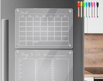 Magnetic Acrylic Calendar for Fridge, Clear Dry Erase Calendar for Refrigerator, Monthly & To Do Planner Set of 2, Reusable Planning Boards