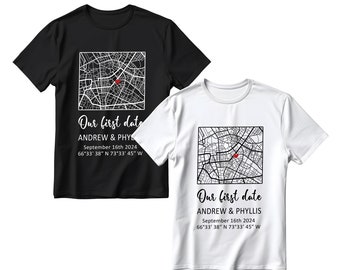 Personalisiertes Love Map Shirt - Individuell Unser erstes Date Shirt - Jahrestagsgeschenk für Sie - Reisekarte Geschenk für Paare - Geschenk für Freundin Frau