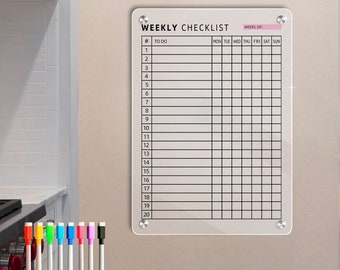 Magnetic Clear Acrylic Chore Chart Board for Kids,Teens & Adults Weekly Checklist Calendar for Fridge -  Dry Erase Boards with 8 Markers