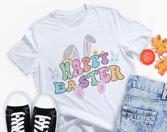 Joyeuses Pâques T-shirt, T-shirt unisexe graphique lapin, Chemises imprimées de lettres amusantes, Hauts à manches courtes, Cadeaux colorés pour le jour de Pâques