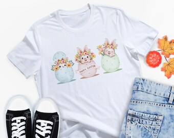 Chemise Joyeuses Pâques pour femme - T-shirts lapin unisexes - T-shirts graphiques lapin surdimensionnés - Chemise de Pâques pour enfants - Cadeau chemise famille lapin de Pâques