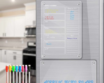 Magnetische Trocken abwischbare Acryltafel für Kühlschrank, 2-Pack Monats- und Blankokalender-Planer-Notiz-Set für Kühlschrank // Küche, 8 Farben-Marker