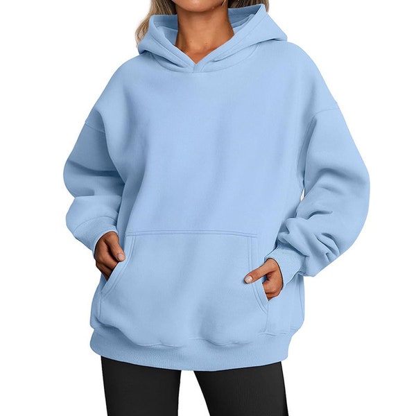 Übergroße Damen-Kapuzenpullover, solides Basic-Sweatshirt für Damen mit Tasche, mehrfarbige, langärmelige, lässige Kapuzenpullover, verdickte Minimalismus-Sweatshirts