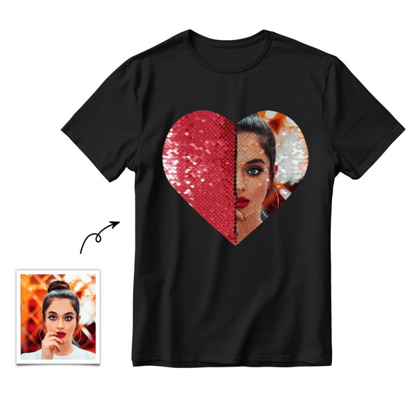 Camisa Flip Sequin Match, camisa de lentejuelas en forma de corazón con foto personalizada, camiseta de lentejuelas reversible unisex diy personalizada, regalo del Día de las Madres para ella