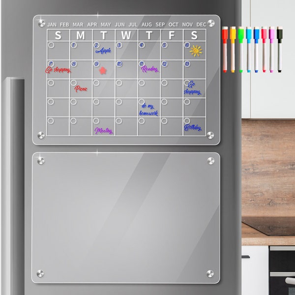 Clear Acrylic Magnetic Monthly Calendar Resuable Dry Erase Board ,Blank Planner Board for Fridge Refrigerator, Include 8 Color Markers