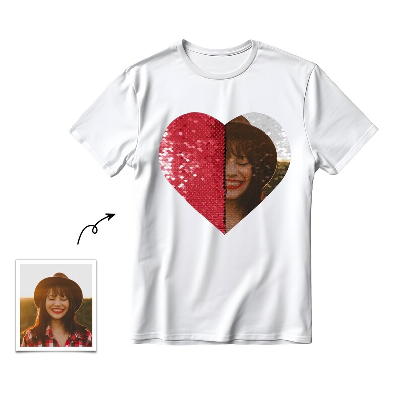 Camisa de lentejuelas personalizada con fotos Camisa unisex de lentejuelas personalizada en forma de corazón Camisas de lentejuelas con lentejuelas personalizadas Regalos para pareja imagen 1