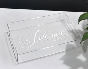 Personalized Serving Tray with Handles, Custom Name and Time Acrylic Serving Tray for Wedding Gifts, Anniversary Gifts, Housewarming Gifts