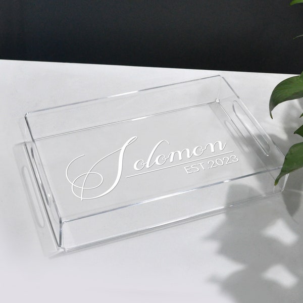 Personalized Serving Tray with Handles, Custom Name and Time Acrylic Serving Tray for Wedding Gifts, Anniversary Gifts, Housewarming Gifts