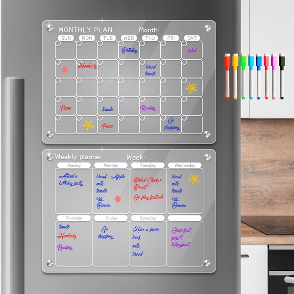 Acrylic Fridge Calendar with Magnetic, Weekly Meal Planner,2024 Planner Calendar with notes, Reusable Acrylic Shopping list, New Home Gifts