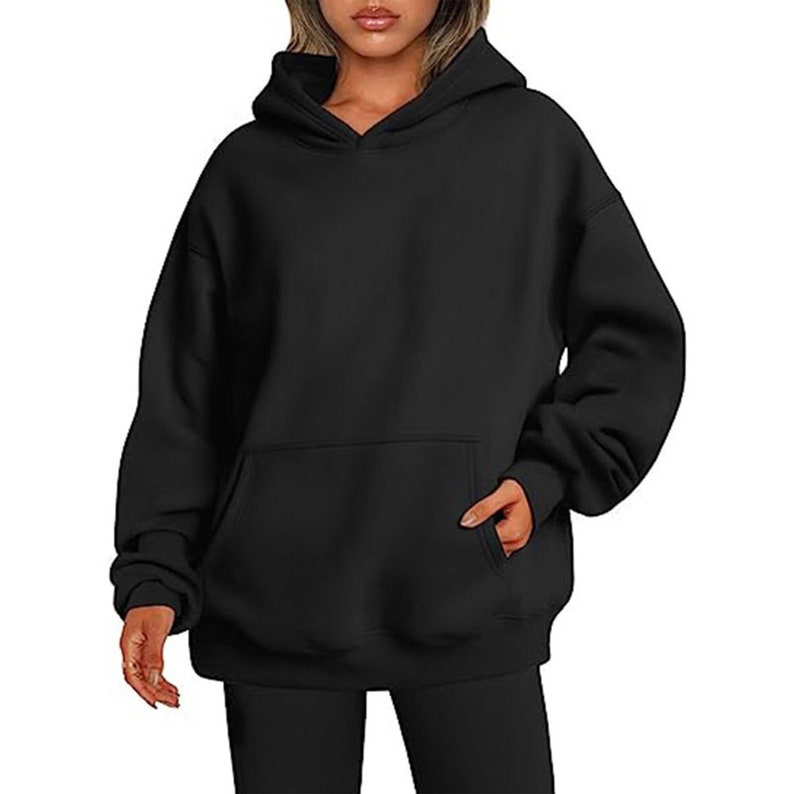 Womens Oversized Hoodies, Women's Solid Basic Sweatshirt with Pocket, Multi Colors Long Sleeve Casual Hoodie Thicken Minimalism Sweatshirts Black