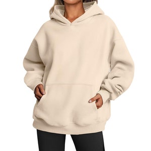 Womens Oversized Hoodies, Women's Solid Basic Sweatshirt with Pocket, Multi Colors Long Sleeve Casual Hoodie Thicken Minimalism Sweatshirts Khaki