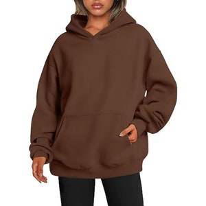 Womens Oversized Hoodies, Women's Solid Basic Sweatshirt with Pocket, Multi Colors Long Sleeve Casual Hoodie Thicken Minimalism Sweatshirts Dark Brown