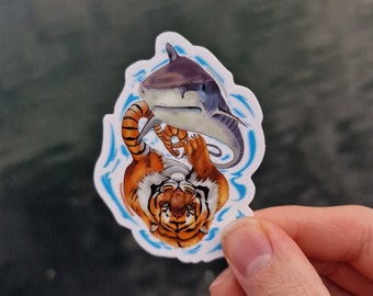 Pegatina de vinilo de tigre y tiburón: Ilustración original