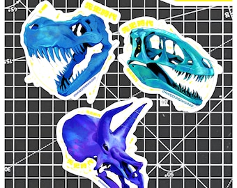 Paquete de pegatinas de calaveras de dinosaurio: T-Rex, Velociraptor, Triceratops