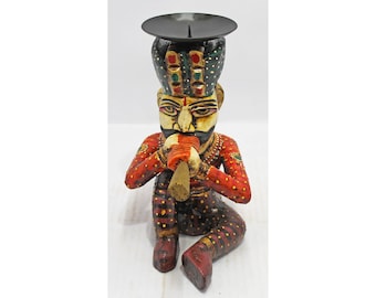 Wooden Hand Painted Rajasthani Musician Candle Holder | Wooden Candle Stand | Indian Folk Art Decor | Ethnic Home Accent | Housewarm Gift