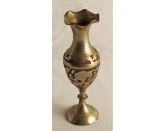 Vintage Small Brass Vase | Etched Floral Design | Tiny Metal Vase | Flared Rim | Rustic Home Decor | Unique Gift
