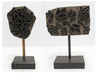 Antique Wooden Flower Carving Panel Plaque on Stand Original Old Hand Carved set of 2