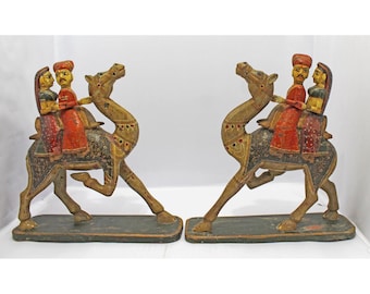 Vintage Hand-Painted Wooden Camel Figurine | Indian Folk Art Sculpture | Couple Riding Camel | Rajasthan | Wooden Camel with Riders Set of 2
