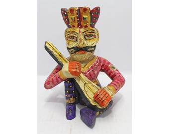 Hand-Painted Rajasthani Musician Figurine | Wooden Folk Art Decor | Indian Man Statue with Instrument | Bohemian Home Decor | Ethnic Gift