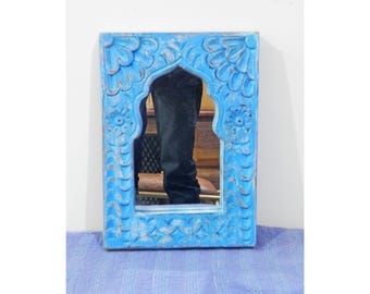 Hand-Carved Blue Wood Mirror Frame | Indian Wall Decor | Rustic Boho Mirror | Distressed Blue Folk Art | Unique Home Accent