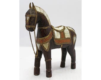Hand-Carved Wooden Horse Figurine: Rustic Indian Folk Art Decor