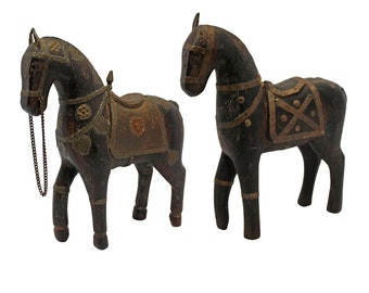 Hand-Carved Wooden Horse Figurines: Rustic Indian Folk Art Decor, Set of 2