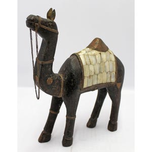 Vintage Hand-Carved Wooden Camel | Mother of Pearl Inlay | Rajasthani Folk Art | Indian Home Décor | Handcrafted Wooden Camel Statue