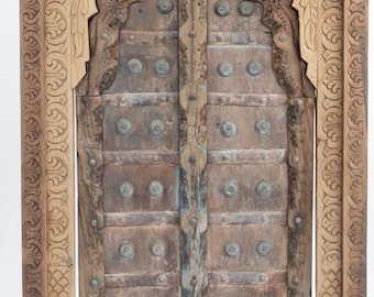 Antique Hand-Carved Wooden Window Frame, Rustic Indian Wall Art (23x32)