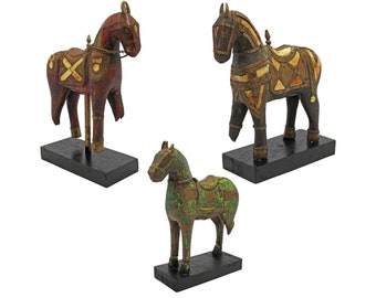 Antique Set of 3 Wooden Hand-Carved Horse | Antique Horse | Indian Folk Art Statue | Rustic Animal Figurine | Horse Lover Gift | Home Decor