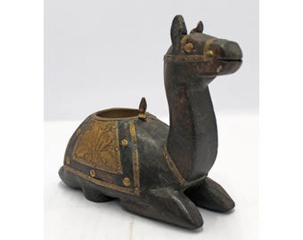 Vintage Wooden Camel T-Light Holder | Hand-Carved Indian Candle Stand | Rustic Brass Inlay | Unique Boho Home Decor | Rajasthan Folk Art