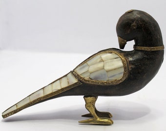 Decorative Wooden Bird Statue | Mother of Pearl Detail | Indian Home Accent | Vintage Collectible | Bird Lover Gift