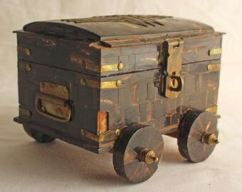 Vintage Wooden Storage Box on Wheels | Rustic Wooden Jewellery Trunk | Miniature Treasure Chest | Unique Home Decor | Bone Inlay Art Box