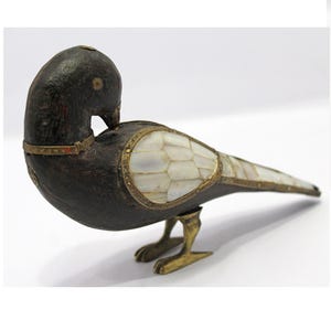 Wooden Bird Statue | Mother of Pearl Detail | Indian Home Accent | Vintage Collectible | Bird Lover Gift