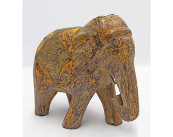 Distressed Wooden Elephant Statue | Rustic Indian Folk Art | Vintage Home Decor | Unique Animal Figurine | Brass Inlay Accent