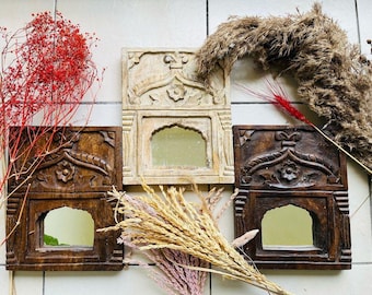 Set of 3 Indian Arch Mirrors | Distressed Wood Wall Decor | Hand-Carved Mirrors | Boho Rustic Home Decor | Unique Accent Mirrors